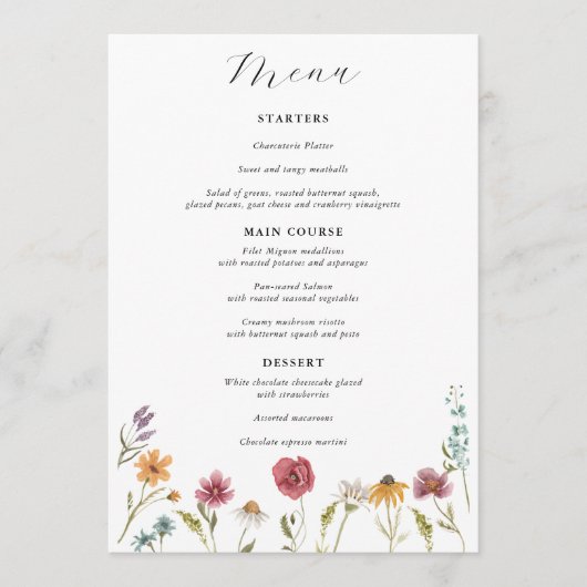 Trouwmenu met wilde bloemen in bloei menu (Voorkant)