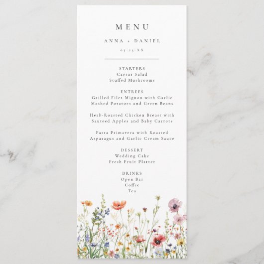 Trouwmenu met wilde bloemen menu (Voorkant)