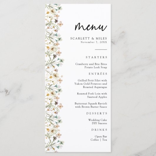 Trouwmenu met wilde bloemen menu (Voorkant)