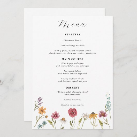 Trouwmenu met wilde bloemen menu (Voorkant / Achterkant)