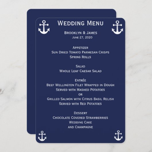 Trouwmenu met zeemotief in marineblauw op maat gem kaart (Voorkant / Achterkant)