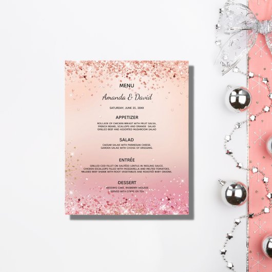 Trouwmenu roos goud roze confetti
