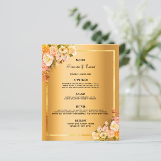 Trouwmenu roze bloemen goud glans elegant (Staand voorkant)