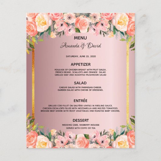 Trouwmenu roze bloemen stoffige roos goud elegant (Voorkant)