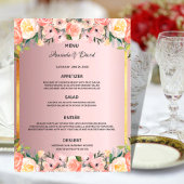 Trouwmenu roze bloemen stoffige roos goud elegant