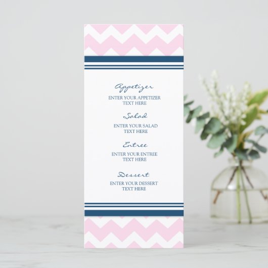 Trouwmenu Roze Marine Blauw Wit Chevron Menu (Staand voorkant)