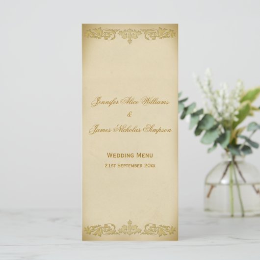 Trouwmenu Sjabloon  Leaf Scroll in Beige Menu (Staand voorkant)