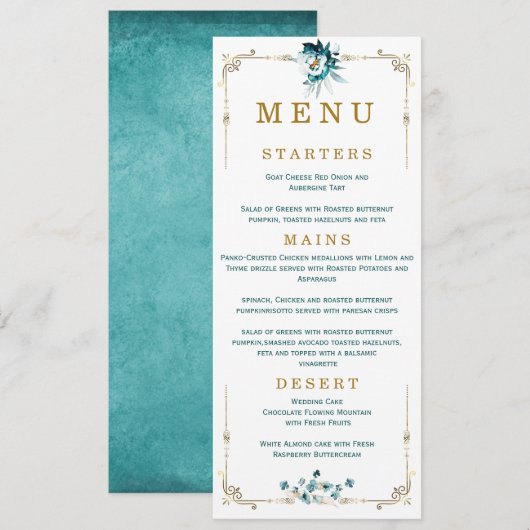 Trouwmenu Teal en Gouden Kaarten (Voorkant / Achterkant)