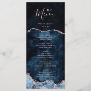 Trouwmenu van Navy Blauwe Roze Gouden Folie Agate Menu