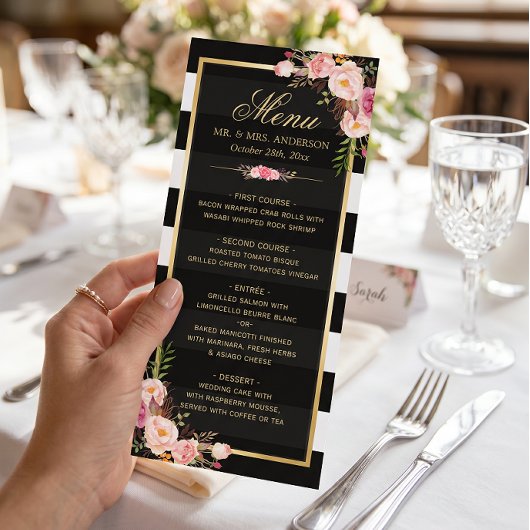Trouwmenu Vintage Bloem Zwart Wit Gestreepte Menu