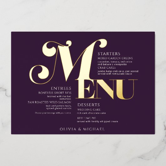Trouwmenu Vintage Goud Pruim Folie Uitnodiging (Voorkant)