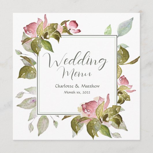 Trouwmenu Waterverf Roze Rozen Menu (Voorkant)