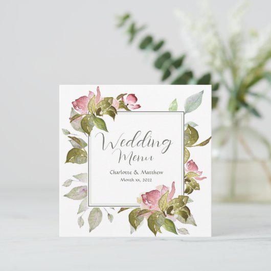 Trouwmenu Waterverf Roze Rozen Menu (Staand voorkant)
