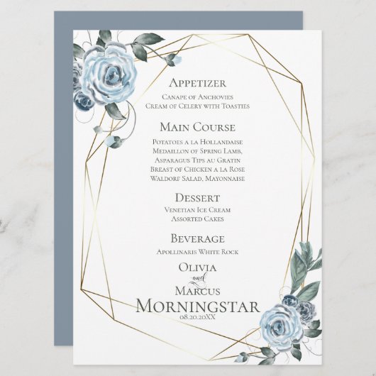 Trouwmenu | Waterverf Stofblauwe Bloemen Menu (Voorkant / Achterkant)