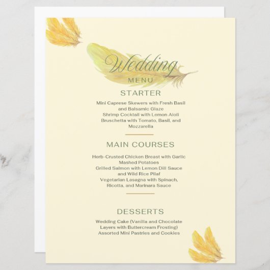 Trouwmenu - Zacht beige met gouden veren design (Voorkant / Achterkant)