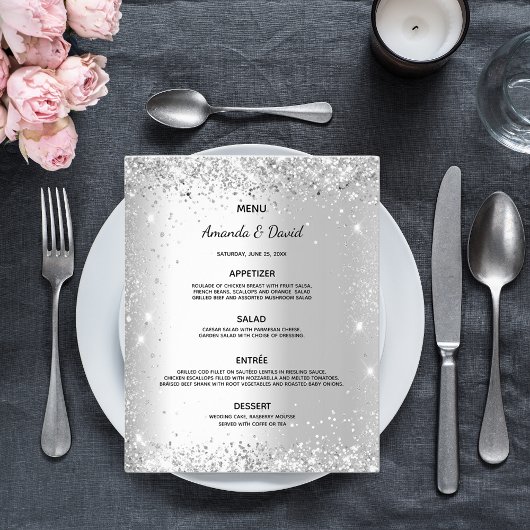 Trouwmenu zilveren glitters schittert budget flyer