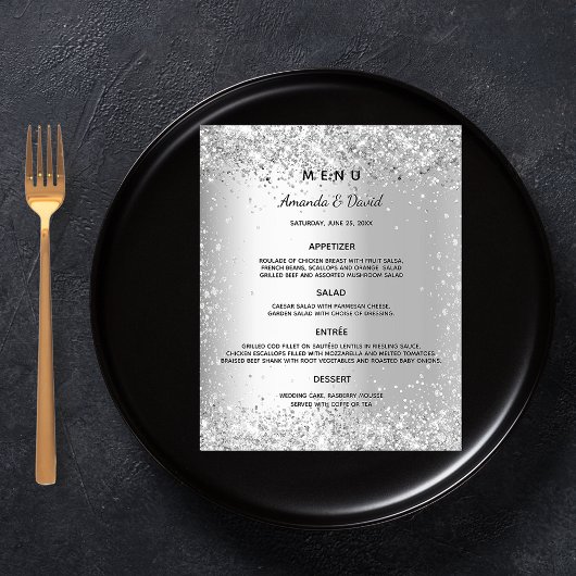 Trouwmenu zilveren metalen glitters glans