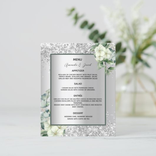 Trouwmenu zilveren witte bloemen (Staand voorkant)