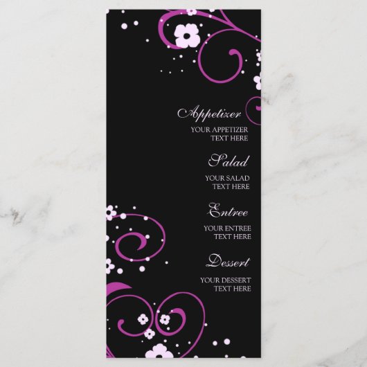 Trouwmenu zwart en roze bloemen menu (Voorkant)