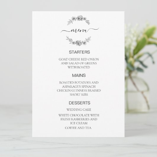 Trouwmenu zwart en wit menu (Staand voorkant)