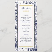 Trouwmenukaart met bloemmotief in Midnight Blue en Menu (Voorkant)
