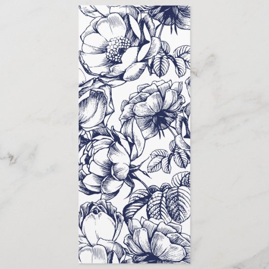 Trouwmenukaart met bloemmotief in Midnight Blue en Menu (Achterkant)
