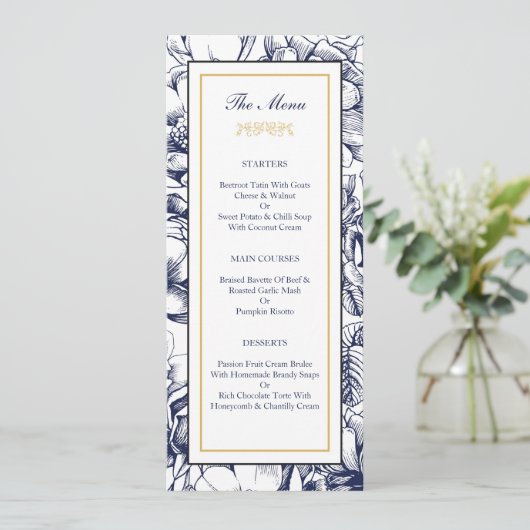 Trouwmenukaart met bloemmotief in Midnight Blue en Menu (Staand voorkant)