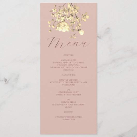 Trouwmenukaart Roze Bloemen Goud Menu (Voorkant)