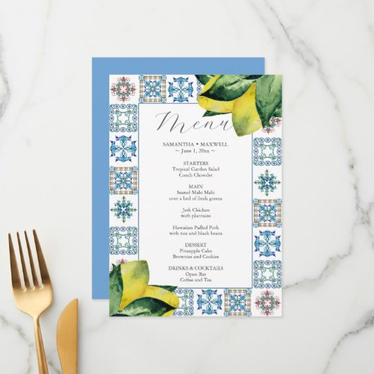 Trouwmenu's Italiaans Amalfi Tegel Thema Menu (Voorkant / Achterkant in situ)
