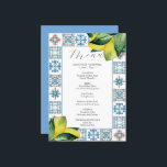 Trouwmenu's Italiaans Amalfi Tegel Thema Menu<br><div class="desc">Dit elegante 5x7 huwelijksmenu is voorzien van waterverf citroenen in gele tinten met een Amalfi tegel in blauw- en roesttinten. Het woord "Menu" is ingesteld in kalligrafie script. Gebruik de sjabloon velden om uw aangepaste menu-items toe te voegen. Perfect voor Italiaanse en zomerbruiloften, repetitie diner, verlovingsfeesten en meer. Unieke kunst...</div>