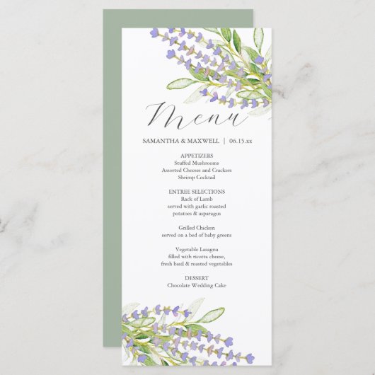 Trouwmenu's Waterverf Lavendelbloemen Menu (Voorkant / Achterkant)