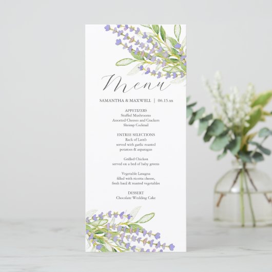 Trouwmenu's Waterverf Lavendelbloemen Menu (Staand voorkant)