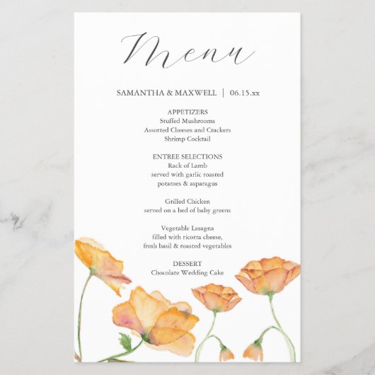 Trouwmenu's Waterverf Oranje bloemen Flyer (Voorkant)