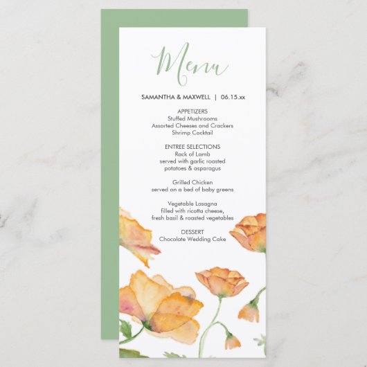 Trouwmenu's Waterverf Sinaasappel Bloemen Menu (Voorkant / Achterkant)