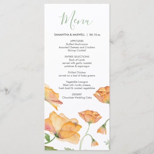 Trouwmenu's Waterverf Sinaasappel Bloemen Menu (Voorkant)