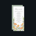 Trouwmenu's Waterverf Wildflower Thema Menu<br><div class="desc">Deze bruiloft menu sjabloon is onderdeel van Do Tell A Belle's wildflower bruiloft thema. Het botanische ontwerp is voorzien van waterverf bloemblaadjes in de tinten sinaasappel en lavendel met takjes groen. Pas ze aan met menu-items, namen en datum van de gebeurtenis. Perfect voor bruiloften, vrijgezellenfeest, repetitie diners of wat je...</div>