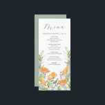 Trouwmenu's Waterverf Wildflower Thema Menu<br><div class="desc">Deze bruiloft menu sjabloon is onderdeel van Do Tell A Belle's wildflower bruiloft thema. Het botanische ontwerp is voorzien van waterverf bloemblaadjes in de tinten sinaasappel en lavendel met takjes groen. Pas ze aan met menu-items, namen en datum van de gebeurtenis. Perfect voor bruiloften, vrijgezellenfeest, repetitie diners of wat je...</div>