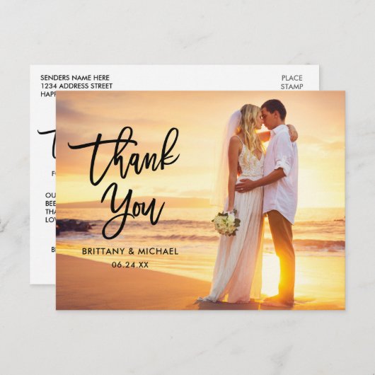 Trouwmoderne zwarte borstelscript bedankt briefkaart (Voorkant / Achterkant)