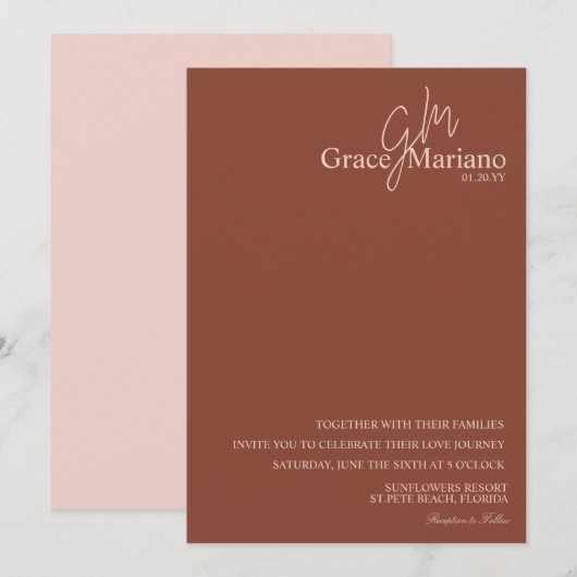 Trouwmonogram Bruin Roze Script Logo Huwelijk Kaart (Voorkant / Achterkant)