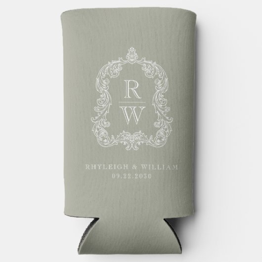 Trouwmonogram Crest Sagegroene Huwelijk Seltzer Blikjeskoeler (Voorkant)