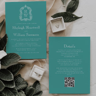 Trouwmonogram Crest Turquoise QR-code Kaart