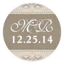 Trouwmonogram en datum burlap kant stickers