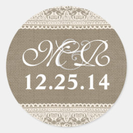 Trouwmonogram en datum burlap kant stickers
