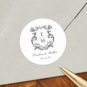 Trouwmonogram in vintage barokstijl ronde sticker