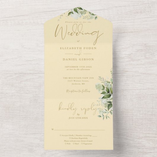 Trouwmonogram met boterbloemgeel en gouden bloemmo all in one uitnodiging (Binnen)