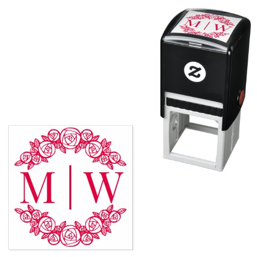 Trouwmonogram met gebogen rozen en initiaal in cir  zelfinktende stempel (In situ)