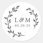 Trouwmonogram met lauwerkrans ronde sticker (Voorkant)