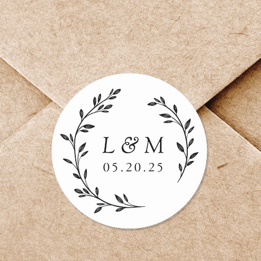 Trouwmonogram met lauwerkrans ronde sticker