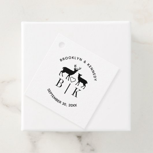Trouwmonogram met namen en herten in landelijke st bedankjes labels (In situ)