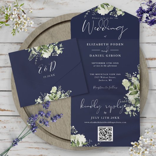 Trouwmonogram met Navy Blue Greenery QR-code All In One Uitnodiging